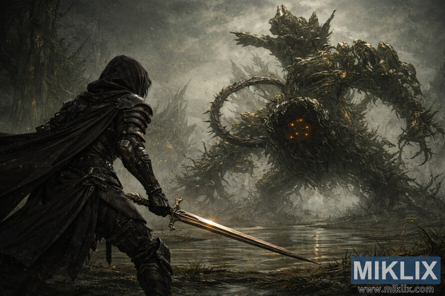 Dark fantasy illustration of the Tarnished in Black Knife armor holding a sword while facing the towering Scadutree Avatar in a misty, waterlogged battlefield moments before combat.