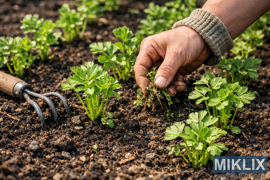 Close-up of a gardenerâs hand pulling small weeds from dark soil between young parsnip plants in a sunny garden bed.