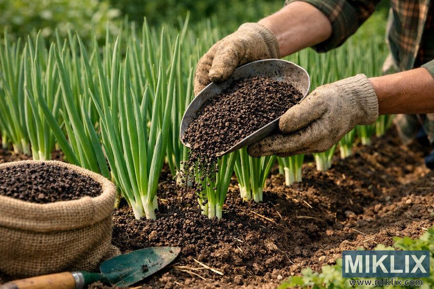 Gardener sprinkling organic fertilizer onto rows of green scallion plants in rich soil using a metal scoop.