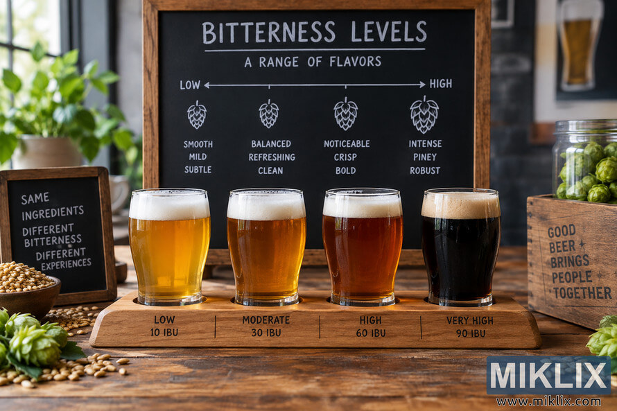 Four unbranded beers in a wooden tasting flight labeled 10, 30, 60, and 90 IBU, arranged from low to very high bitterness in front of an educational chalkboard, with hops and brewing grains on a rustic table.