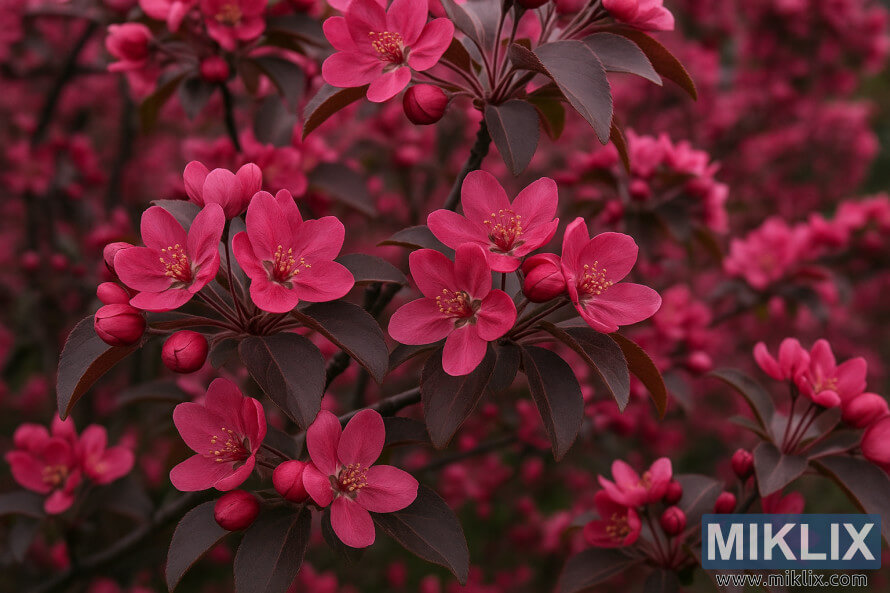 Vue rapprochÃ©e dâun pommier sauvage de Prairiefire couvert de fleurs rose foncÃ© vives et de feuilles teintÃ©es de violet, symbolisant la couleur printaniÃ¨re vibrante et la rÃ©silience.