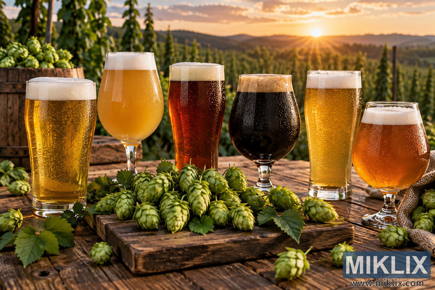 Six unbranded beer styles ranging from pale gold and hazy yellow to amber and dark stout sit on a rustic wooden table surrounded by fresh green hop cones in a hop field at golden hour.