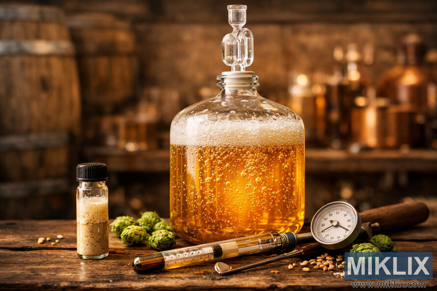 Clear glass fermentation vessel filled with bubbling golden beer beside yeast vial, hops, hydrometer, and thermometer in a warmly lit brewery workspace.