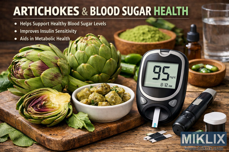 Landscape health-themed photograph showing fresh and cooked artichokes arranged beside a digital glucose meter, lancing device, test strips, capsules, and a small bowl of green artichoke extract, illustrating the blood sugar regulation benefits of artichokes. Landscape health-themed photograph showing fresh and cooked artichokes arranged beside a digital glucose meter, lancing device, test strips, capsules, and a small bowl of green artichoke extract, illustrating the blood sugar regulation benefits of artichokes.