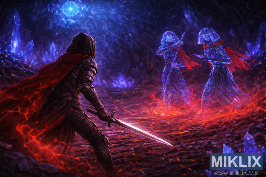 Wide anime-style fan art showing the Tarnished in Black Knife armor wielding a sword and facing two Crystalian bosses inside Elden Ringâs Academy Crystal Cave, with glowing crystals filling the background.