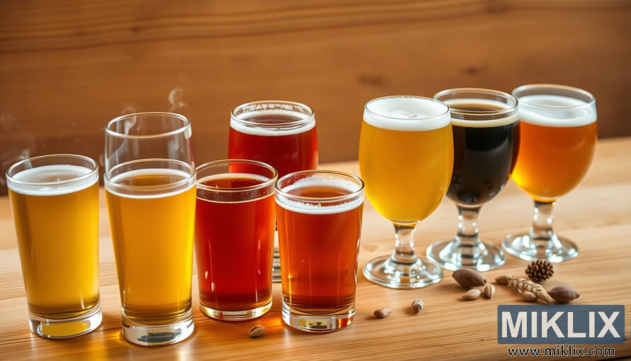 NÃ¦rmynd af smakkglÃ¶sum meÃ° bjÃ³r frÃ¡ fÃ¶lgylltum til djÃºprauÃ°ra, meÃ° humlum og byggi Ã­ grenndinni.