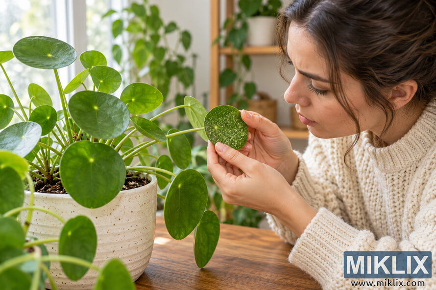 Woman in a cream sweater examining a speckled round leaf on a Chinese money plant indoors. Woman in a cream sweater examining a speckled round leaf on a Chinese money plant indoors.