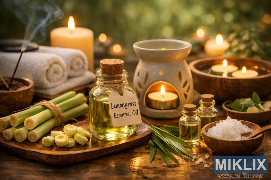 A serene landscape-oriented photograph of a spa setting featuring lemongrass essential oil, candles, towels, and natural wooden elements arranged harmoniously for a relaxing aromatherapy atmosphere. A serene landscape-oriented photograph of a spa setting featuring lemongrass essential oil, candles, towels, and natural wooden elements arranged harmoniously for a relaxing aromatherapy atmosphere.