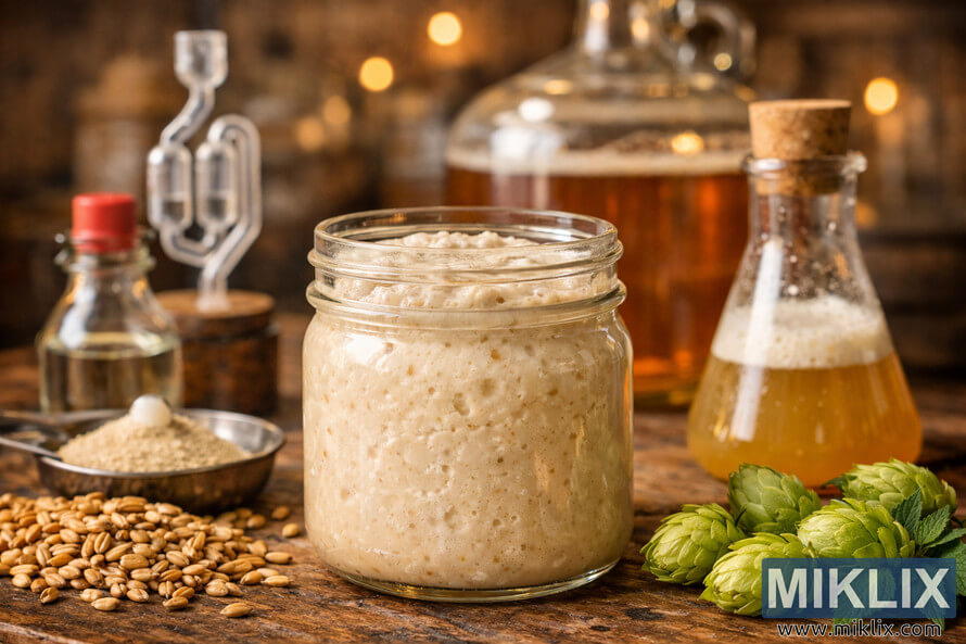 Close-up of a jar filled with creamy English ale yeast on a rustic wooden table, surrounded by malt grains, hops, and home brewing equipment in warm lighting.