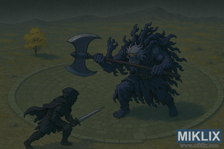 Adegan gaya anime isometrik menunjukkan Si Tercemar menghadap Godefroy si Cantuman berwarna biru-ungu memegang kapak dua tangan yang besar di atas arena batu bulat.