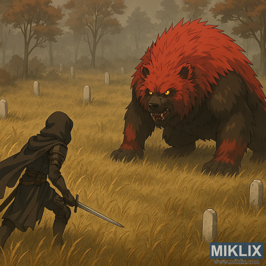 Anime-style isometric image of Tarnished in Black Knife armor confronting Rugalea the Great Red Bear in Rauh Base