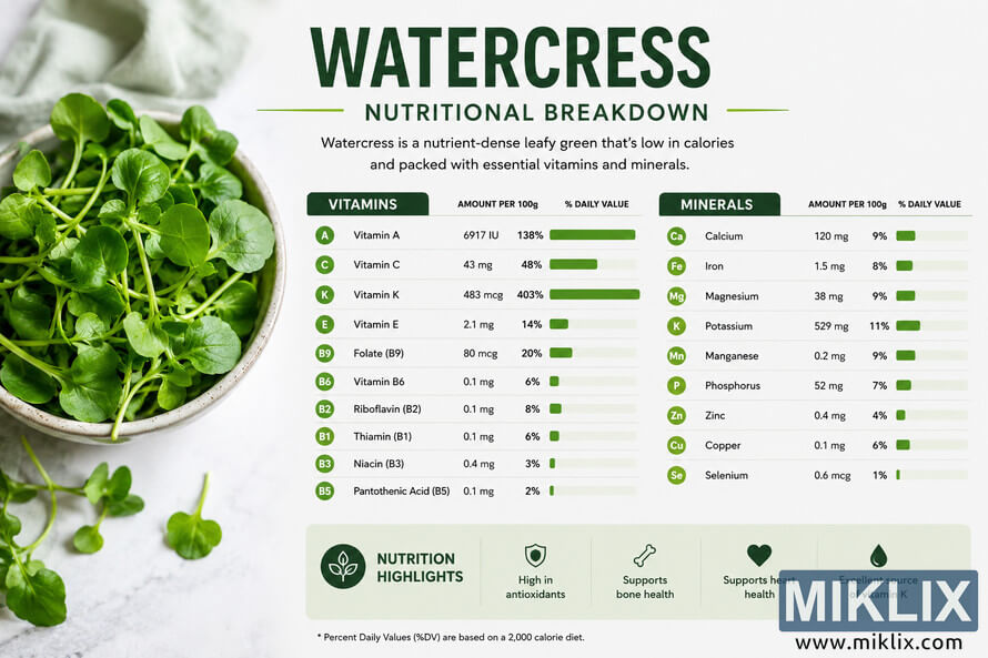 Landscape infographic showing a bowl of fresh watercress on the left and a detailed nutritional breakdown chart on the right listing vitamins and minerals found in watercress, including vitamin A, vitamin C, vitamin K, calcium, iron, magnesium, and potassium with percentage daily values and green progress bars. Landscape infographic showing a bowl of fresh watercress on the left and a detailed nutritional breakdown chart on the right listing vitamins and minerals found in watercress, including vitamin A, vitamin C, vitamin K, calcium, iron, magnesium, and potassium with percentage daily values and green progress bars.