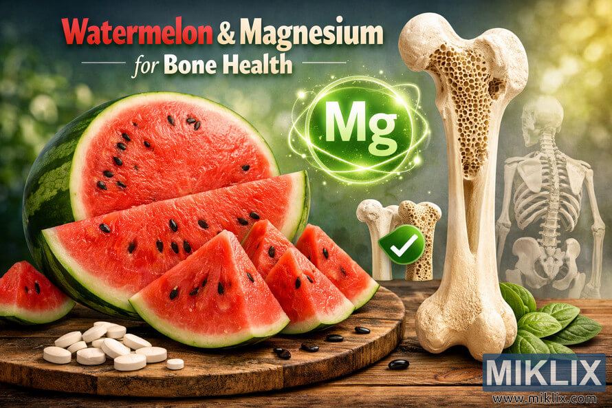 A vibrant landscape image showing sliced watermelon beside a human femur bone model, glowing magnesium symbol, and text highlighting watermelon and magnesium benefits for bone health. A vibrant landscape image showing sliced watermelon beside a human femur bone model, glowing magnesium symbol, and text highlighting watermelon and magnesium benefits for bone health.