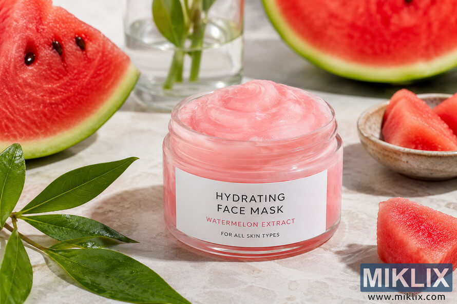 Landscape product photograph of an open hydrating face mask with watermelon extract in a transparent jar on a light stone surface, surrounded by fresh watermelon slices, watermelon cubes, green leaves, and a glass vase in soft natural lighting. Landscape product photograph of an open hydrating face mask with watermelon extract in a transparent jar on a light stone surface, surrounded by fresh watermelon slices, watermelon cubes, green leaves, and a glass vase in soft natural lighting.