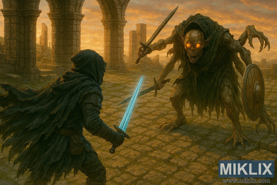 ÎÎ¼Î¹ÏÎµÎ±Î»Î¹ÏÏÎ¹ÎºÎ® fan art Î±ÏÏ ÏÎ¿ Elden Ring Î¼Îµ ÏÎ¿ÏÏ Tarnished Î½Î± Î±Î½ÏÎ¹Î¼ÎµÏÏÏÎ¯Î¶Î¿ÏÎ½ Î­Î½Î±Î½ Î³ÎºÏÎ¿ÏÎ­ÏÎºÎ¿ Grafted Scion ÏÏÎ¿ Î·Î»Î¹Î¿Î²Î±ÏÎ¯Î»ÎµÎ¼Î±.