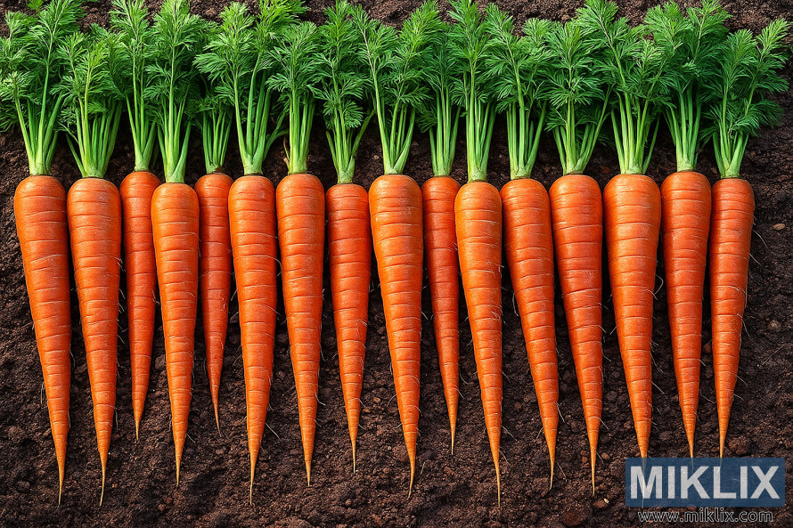 Hilera de zanahorias Danvers reciÃ©n cosechadas con raÃ­ces cÃ³nicas dispuestas sobre suelo oscuro.
