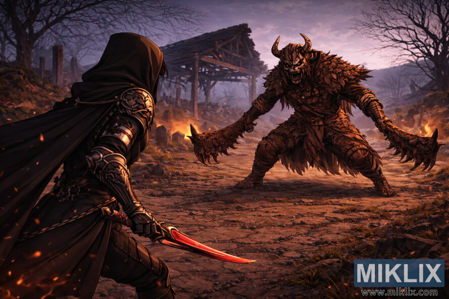 Arte de fÃ£ em estilo anime mostrando o Maculado visto de costas Ã  esquerda, encarando o Matador de PressÃ¡gios de perto na Vila dos AlbinaÃºricos em ruÃ­nas.