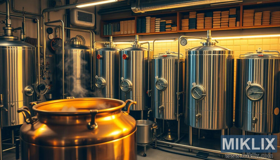 Espai de treball del mestre cerveser amb caldera de coure, dipÃ²sits d'acer inoxidable i prestatges de llÃºpol i grans.