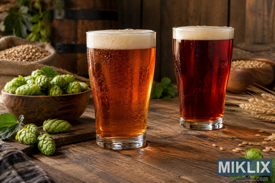 Two unbranded pint glasses of glowing amber ale and deep red ale with creamy foam sit on a rustic wooden table surrounded by fresh green hops, malted grain, barley stalks, burlap, and a wooden brewery barrel. Two unbranded pint glasses of glowing amber ale and deep red ale with creamy foam sit on a rustic wooden table surrounded by fresh green hops, malted grain, barley stalks, burlap, and a wooden brewery barrel.