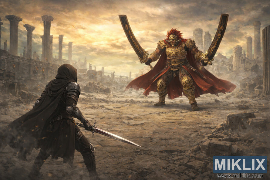 Wide anime-style fan art showing the Tarnished in Black Knife armor wielding a sword while facing Promised Consort Radahn across the ruins of Enir-Ilim before battle.