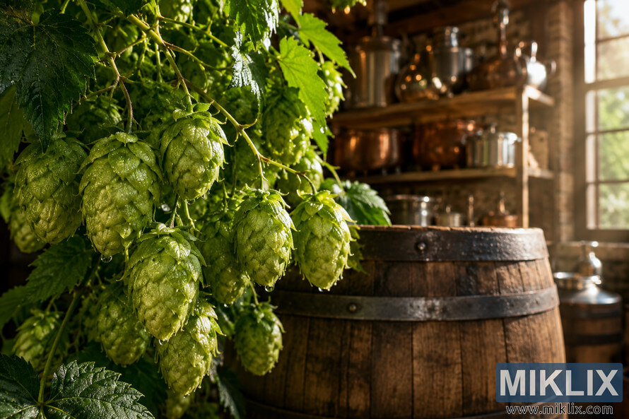 Close-up photograph of fresh Canterbury Whitebine hop cones covered in dew cascading from a sturdy bine inside a rustic brewery, with an aging wooden barrel in warm light and softly blurred brewing equipment illuminated by gentle sunlight in the background.
