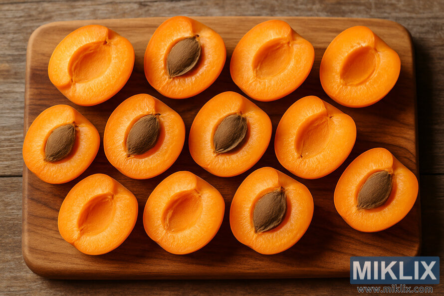 ÐÑÑÐ¿Ð½ÑÐ¼ Ð¿Ð»Ð°Ð½Ð¾Ð¼ Ð²Ð¸Ð´Ð½Ñ Ð¿Ð¾Ð»Ð¾Ð²Ð¸Ð½ÐºÐ¸ ÑÐ²ÐµÐ¶Ð¸Ñ Ð°Ð±ÑÐ¸ÐºÐ¾ÑÐ¾Ð², Ð°ÐºÐºÑÑÐ°ÑÐ½Ð¾ ÑÐ°Ð·Ð»Ð¾Ð¶ÐµÐ½Ð½ÑÐµ Ð½Ð° Ð´ÐµÑÐµÐ²ÑÐ½Ð½Ð¾Ð¹ Ð´Ð¾ÑÐºÐµ Ð¿ÑÐ¸ ÑÐµÐ¿Ð»Ð¾Ð¼ ÐµÑÑÐµÑÑÐ²ÐµÐ½Ð½Ð¾Ð¼ Ð¾ÑÐ²ÐµÑÐµÐ½Ð¸Ð¸.