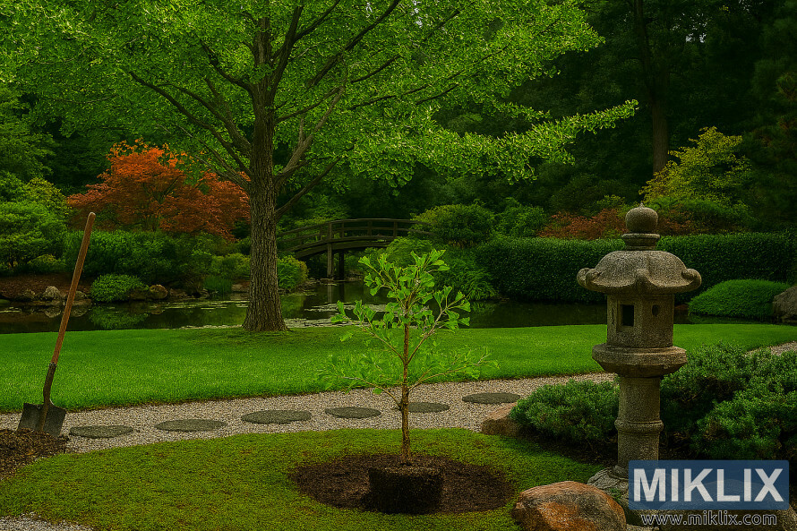 Jardin japonais avec un ginkgo, une lanterne en pierre, un chemin de gravier et un pont en bois entourÃ© dâun feuillage luxuriant