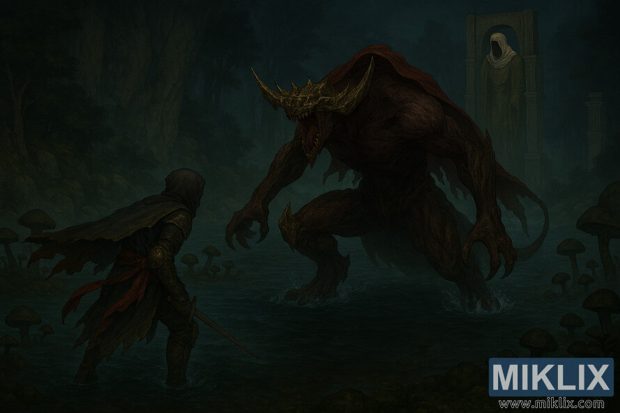 HÃ¡lf-raunsÃ¦ fantasÃ­umynd sem sÃ½nir Tarnished in Black Knife brynjuna standa frammi fyrir Dragonkin Soldier yfirmanninum Ã­ Siofra Ã¡nni Ã­ Elden Ring Ãºr upphÃ¦kkaÃ°ri mynd.