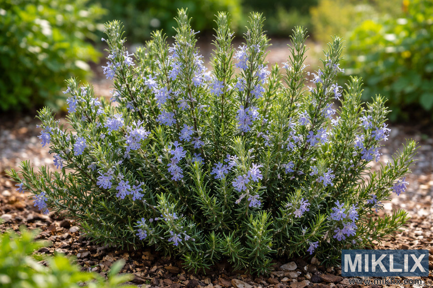 Healthy rosemary plant with green needle-like leaves and small blue flowers growing in a sunlit garden bed