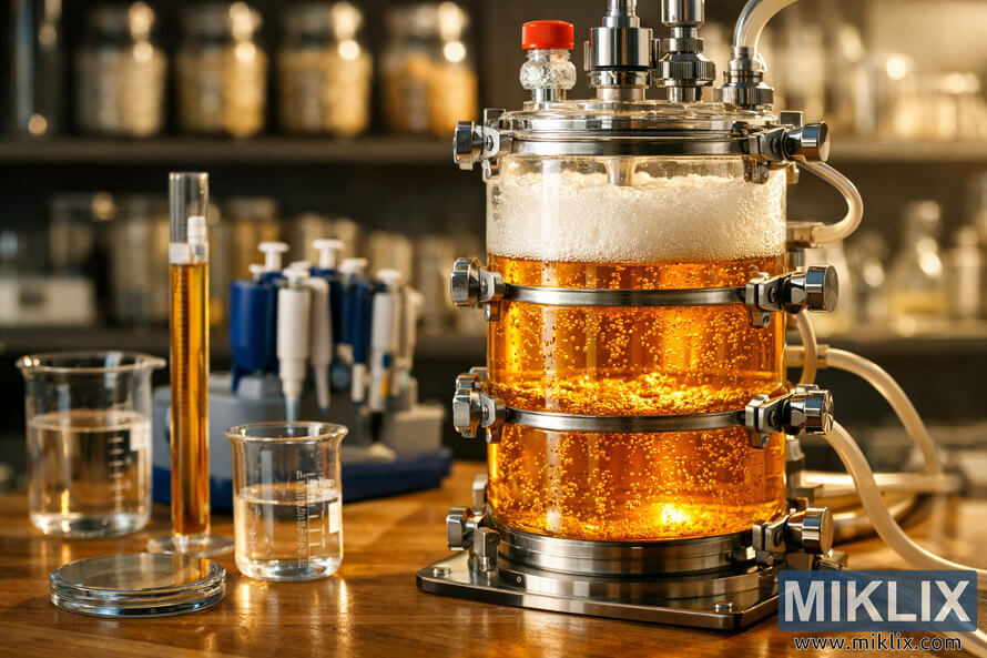 Close-up of a clear multi-chamber fermentation vessel filled with golden lager, surrounded by laboratory glassware and brewing instruments on a wooden countertop.