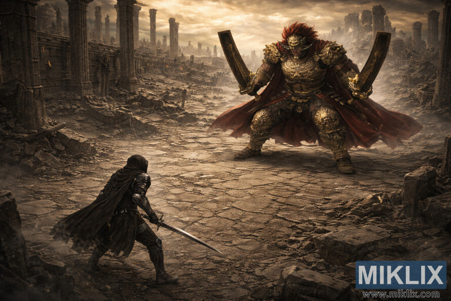 Dark fantasy artwork showing an elevated, wide view of the Tarnished with a sword facing a towering Promised Consort Radahn amid the ruins of Enir-Ilim.