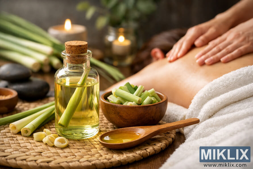 A spa-inspired scene featuring a glass bottle of diluted lemongrass massage oil surrounded by fresh lemongrass stalks, wooden bowls, towels, and hands performing a back massage in a warm, tranquil setting. A spa-inspired scene featuring a glass bottle of diluted lemongrass massage oil surrounded by fresh lemongrass stalks, wooden bowls, towels, and hands performing a back massage in a warm, tranquil setting.