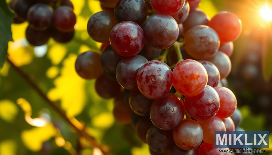 BliÅ¾nji posnetek vijoliÄnega in zelenega grozdja, ki se lesketa v zlati sonÄni svetlobi pod zamegljeno listnato kroÅ¡njo.