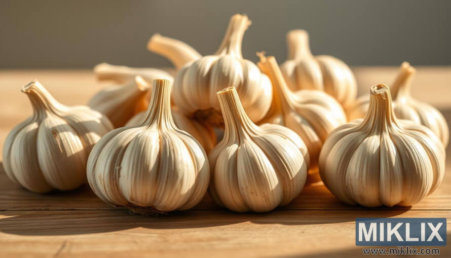 Close-up van verse knoflookbollen op een houten tafel onder warm natuurlijk licht.