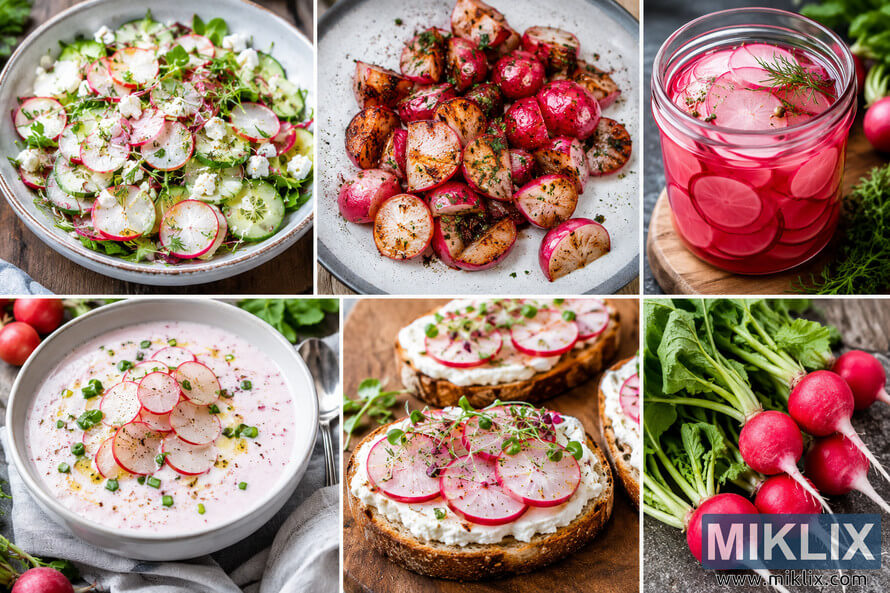 Landscape collage featuring creative radish recipes including a fresh salad, roasted radishes, pickled radishes in a glass jar, creamy radish soup, toasted bread topped with sliced radishes and herbs, and freshly harvested whole radishes with leafy greens arranged on rustic surfaces.
