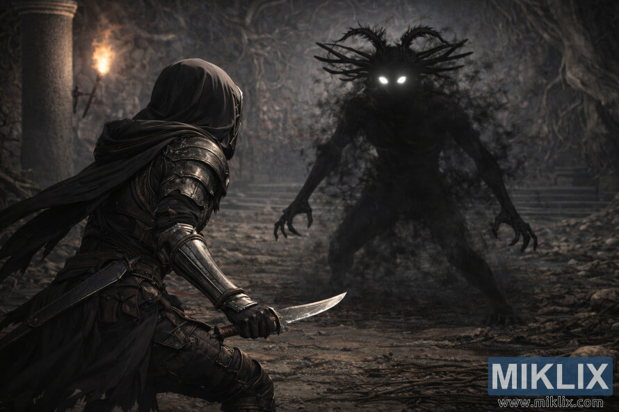 TÃ¡c pháº©m nghá» thuáº­t giáº£ tÆ°á»ng Äen tá»i láº¥y cáº£m há»©ng tá»« Elden Ring, miÃªu táº£ Tarnished trong bá» giÃ¡p Black Knife Äá»i Äáº§u vá»i Cemetery Shade á» cá»± ly gáº§n bÃªn trong háº§m má» Black Knife.