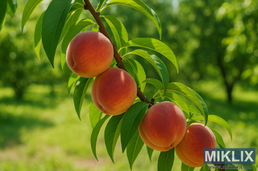 NÃ¦rbillede af modne ferskner pÃ¥ en trÃ¦gren omgivet af grÃ¸nne blade i en solrig have.