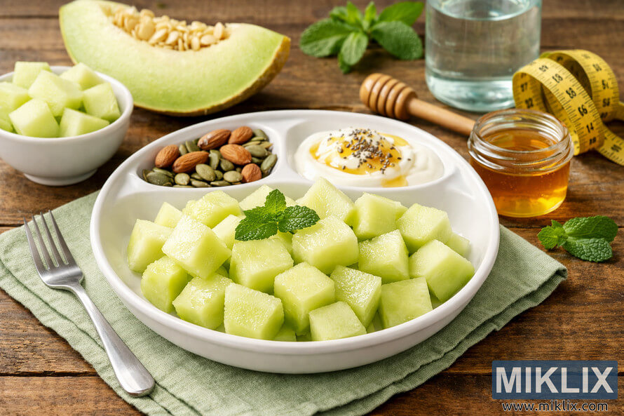 A high-resolution photo of a healthy snack featuring honeydew melon cubes, almonds, seeds, yogurt with honey, and mint leaves arranged neatly on a divided white plate for portion control. A high-resolution photo of a healthy snack featuring honeydew melon cubes, almonds, seeds, yogurt with honey, and mint leaves arranged neatly on a divided white plate for portion control.