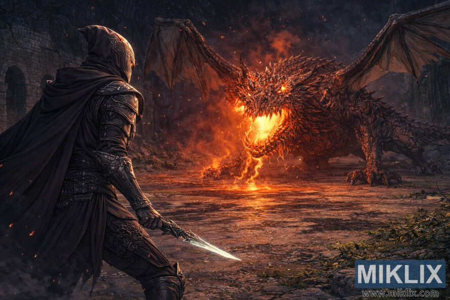 HÃ¬nh áº£nh theo phong cÃ¡ch anime thá» hiá»n sinh váº­t Tarnished nhÃ¬n tá»« phÃ­a sau bÃªn trÃ¡i, Äá»i diá»n vá»i con rá»ng Magma Wyrm khá»ng lá» Makar vá»i hÃ m rÄng rá»±c lá»­a thá»ng trá» hang Äá»ng Äá» nÃ¡t.