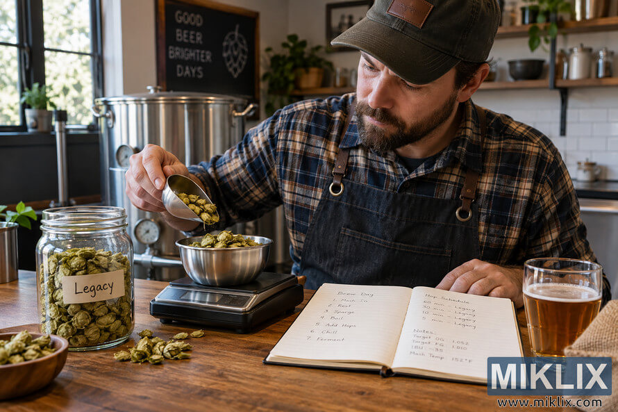 Homebrewer in a rustic home brewing space measures Legacy hops on a digital scale while consulting handwritten brew-day notes beside brewing equipment and a glass of amber beer. Homebrewer in a rustic home brewing space measures Legacy hops on a digital scale while consulting handwritten brew-day notes beside brewing equipment and a glass of amber beer.