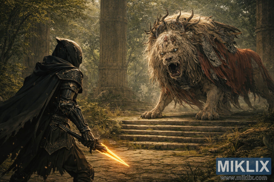 Anime-style fan art showing the Tarnished from behind on the left, holding a glowing dagger while facing an enormous Divine Beast Dancing Lion towering over the Ancient Ruins of Rauh. Anime-style fan art showing the Tarnished from behind on the left, holding a glowing dagger while facing an enormous Divine Beast Dancing Lion towering over the Ancient Ruins of Rauh.