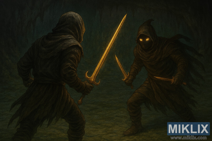 Fanart in anime-stijl van Elden Ring, waarop de Tarnished met een zwaard te zien is, tegenover een Black Knife Assassin met twee dolken in Sage's Cave.