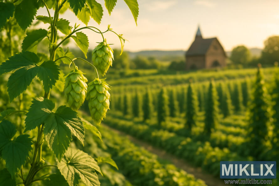 HumalapÃµld roheliste viinapuude, kÃ¤bide ja maalÃ¤hedase aidaga kuldse pÃ¤ikesevalguse all.