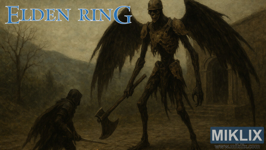 Fan art of a Tarnished in Black Knife armor facing a towering Black Blade Kindred with wings and an axe outside the Bestial Sanctum.