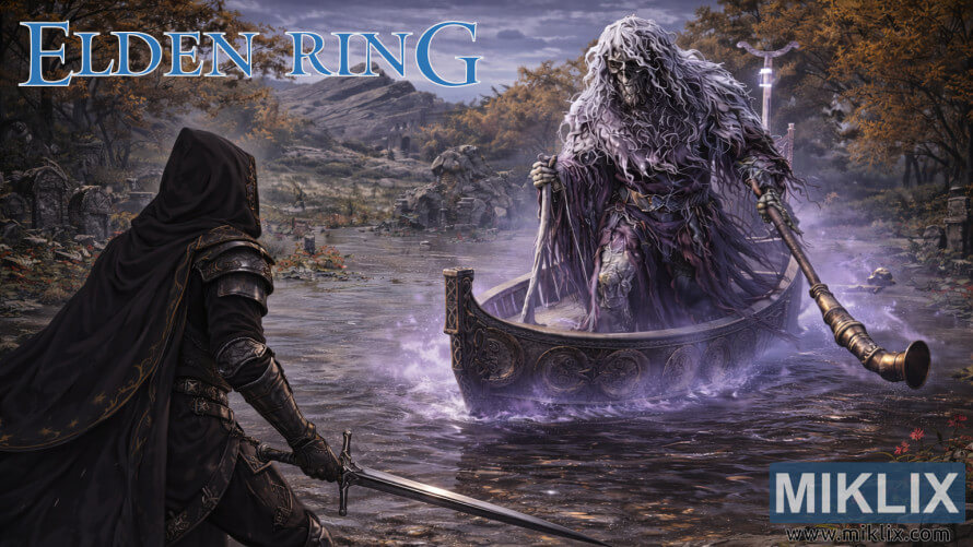 Fan art anime scene of a black-armored Tarnished warrior facing the ghostly Tibia Mariner in a flooded ruined village from Elden Ring.