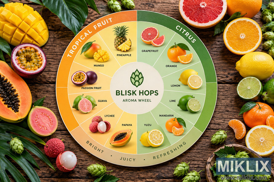 Overhead hops aroma wheel on a rustic wooden table, divided into tropical fruit and citrus sections with mango, pineapple, passion fruit, guava, lychee, papaya, grapefruit, orange, lemon, lime, mandarin and yuzu, surrounded by fresh fruit, green leaves and hop cones. Overhead hops aroma wheel on a rustic wooden table, divided into tropical fruit and citrus sections with mango, pineapple, passion fruit, guava, lychee, papaya, grapefruit, orange, lemon, lime, mandarin and yuzu, surrounded by fresh fruit, green leaves and hop cones.