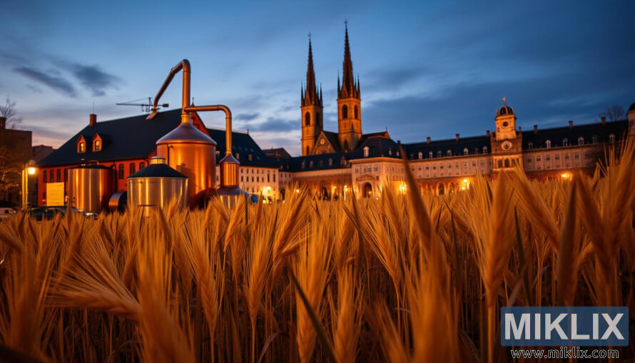 Bavarian brewery na may mga copper kettle, Munich malt stalks, at cathedral spiers sa paglubog ng araw sa taglagas.