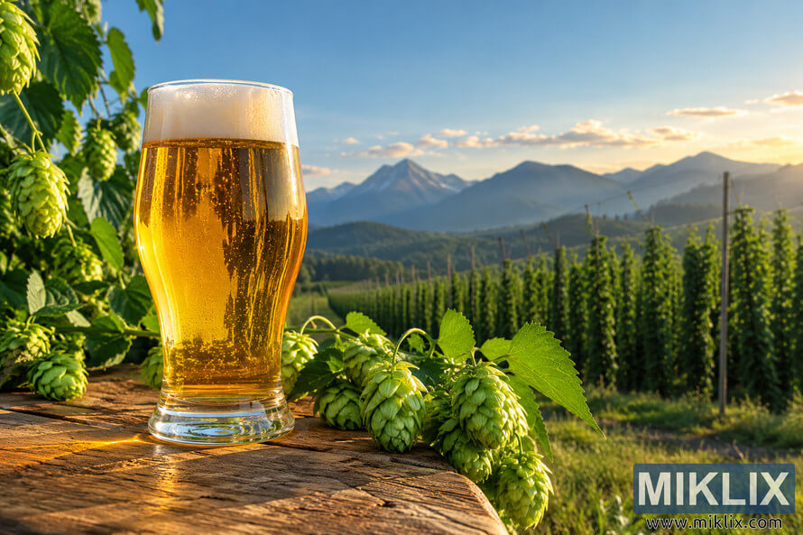 Clear golden beer with a foamy head on a rustic wooden table beside fresh green hop cones, overlooking sunlit hop fields and distant mountains.
