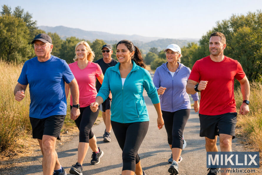Gruppe pÃ¥ seks voksne powerwalker sammen pÃ¥ en naturskÃ¸n udendÃ¸rs sti i det tidlige morgenlys.