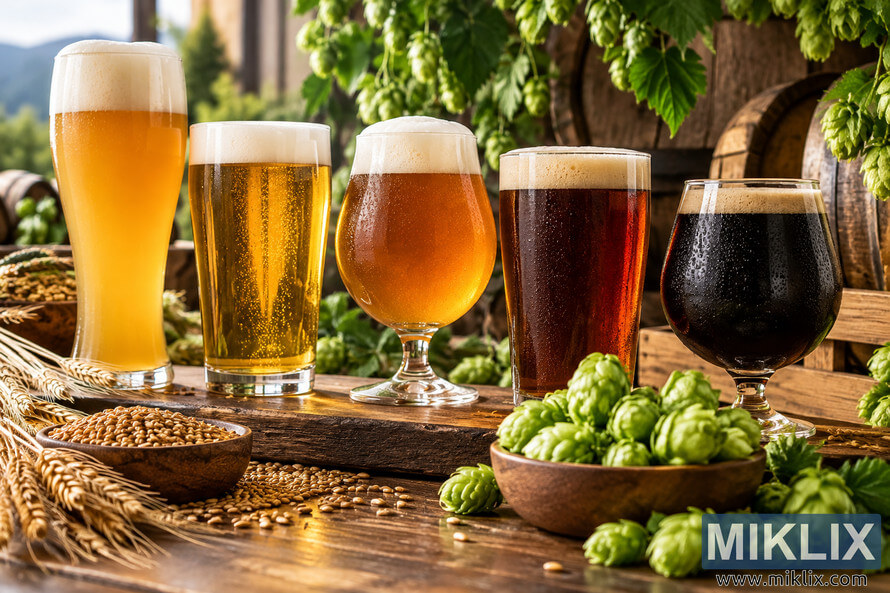 Five unbranded beer styles, including hazy wheat beer, golden pale beer, amber ale and dark beer, arranged on rustic wood with fresh green hops, wheat, grain and brewery barrels in warm natural light.